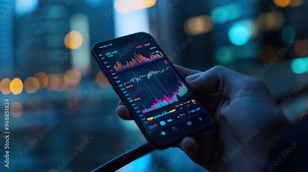 Poster hand holding smartphone displaying stock market data