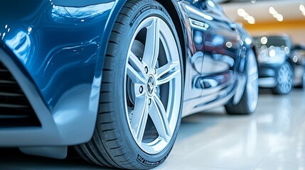 Close-up of a new luxury car tire, parked in a showroom with other vehicles in the background.