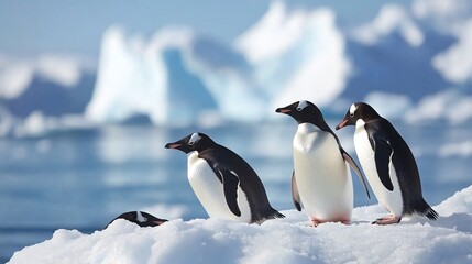 Four penguins stand on an ice floe in Antarctica, looking out at the blue ocean and distant icebergs.