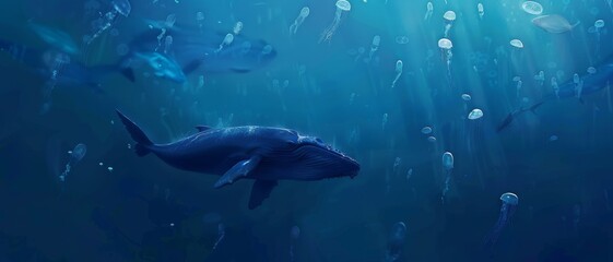 A majestic whale swims gracefully amid a serene underwater world illuminated by soft light, surrounded by delicate jellyfish drifting peacefully.