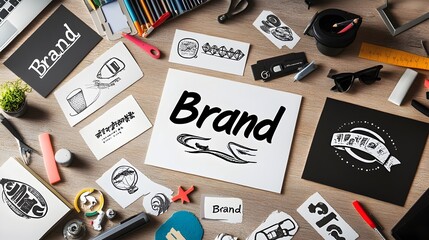 Scattered Logo Designs on Desk Showcasing Brand Identity Development
