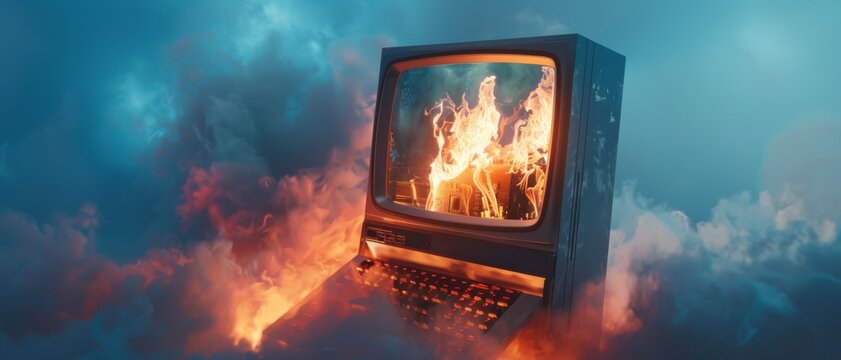 A retro computer burning in a surreal cloudscape, blending elements of old technology with an ethereal and alarming visual style.
