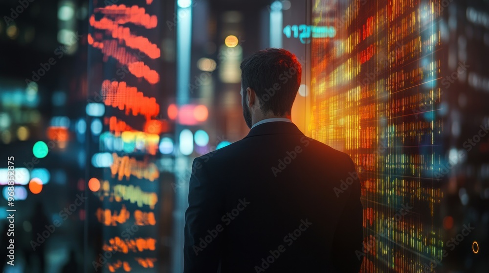 Aufkleber man in suit looking at a wall of data and numbers at night