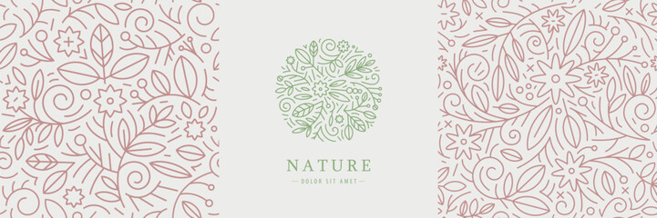 Vector set for package and branding. Leaf floral circle logo, nature line plant emblem. Organic seamless patterns with swirls, flowers and leaves, minimal garden collection