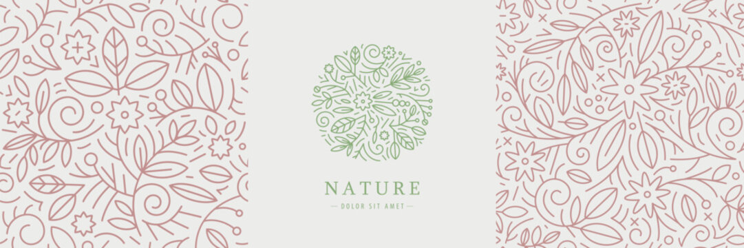 Vector set for package and branding. Leaf floral circle logo, nature line plant emblem. Organic seamless patterns with swirls, flowers and leaves, minimal garden collection