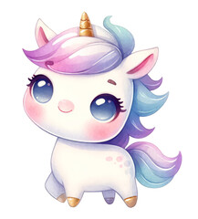 Naklejka premium Cute and colorful cartoon unicorn with big eyes and pastel mane, perfect for children's illustrations and fantasy themes.
