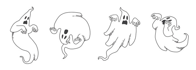 Obraz premium linear drawn vector set of white ghosts