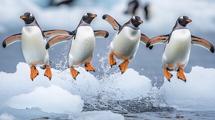 Fototapeta premium Four penguins jumping off an iceberg into the icy water with their wings spread wide.