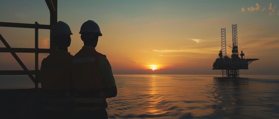 Obraz premium Silhouetted figures on an oil rig during a stunning sunset over the calm ocean, capturing the beauty of industrial life against nature's backdrop.