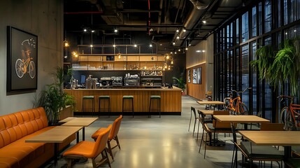 Fototapeta premium Elegant modern restaurant featuring a large space, bar counter, seating area, wooden furniture with green color accents, and warm lighting