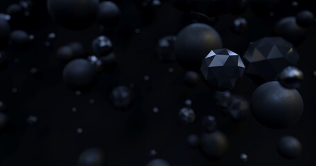 Abstract flying balls - 3D, render. Dark night illustration with polygonal shapes for web wallpapers, posters, banners. Black chaotic bubbles, molecules for science, technology and advertising.