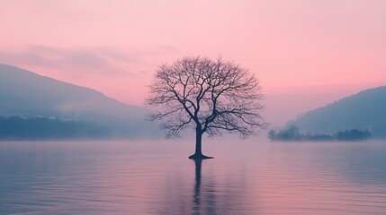 lone tree on the water light magenta and dark azure romantic atmosphere wallpaper
