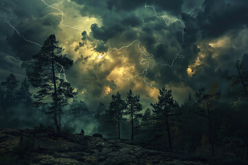 Fototapeta premium Generative ai on theme of scary bright electric lightning bolt with branches in the night dark sky