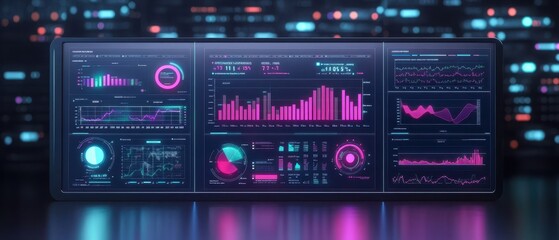 Futuristic data analytics dashboard with vibrant colors, graphs, and charts showcasing technology and innovation.