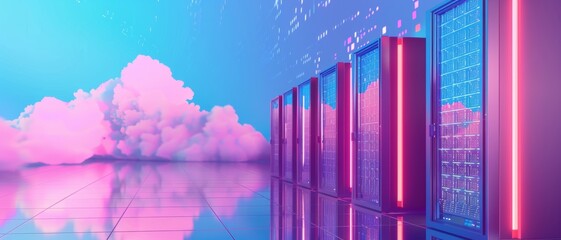 A futuristic server room bathed in soft blue and pink lighting, with sleek servers and digital data points, capturing a high-tech, modern ambiance.