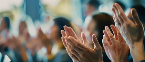 A close-up of hands clapping in applause, capturing a moment of appreciation and celebration during an event, with a blurred crowd in the background.