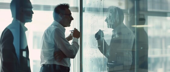Two colleagues collaborating on a whiteboard, deep in discussion and brainstorming ideas in a modern office setting.