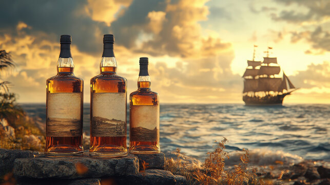 Three rum bottles sit on rocks as a ship sails towards the horizon under a colorful sunset