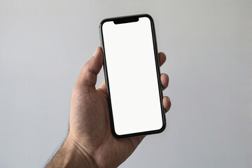 A businessman hand holding a smartphone with white screen mockup, AI Generated