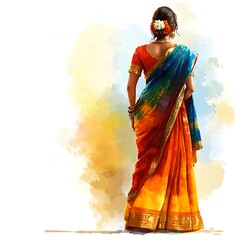 Fototapeta premium Indian Woman in Sari with Flowers in Her Hair, Watercolor Illustration.