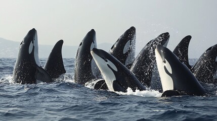 Fototapeta premium A pod of orcas breach the surface of the ocean, their black and white bodies glistening in the sunlight.