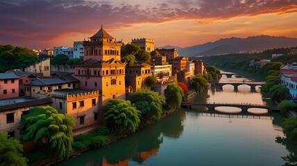 Fototapeta premium This image showcases an ancient cityscape nestled in lush greenery with a vibrant sunset, casting colorful hues on traditional buildings and a tranquil river flowing through.