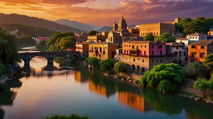Fototapeta premium This image showcases an ancient cityscape nestled in lush greenery with a vibrant sunset, casting colorful hues on traditional buildings and a tranquil river flowing through.