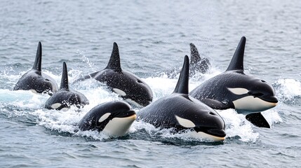 Fototapeta premium A pod of six orcas, also known as killer whales, swim together in the ocean. The orcas are black and white with distinctive dorsal fins.