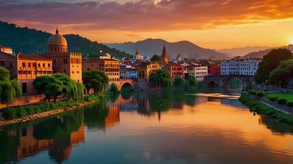 Fototapeta premium This image showcases an ancient cityscape nestled in lush greenery with a vibrant sunset, casting colorful hues on traditional buildings and a tranquil river flowing through.