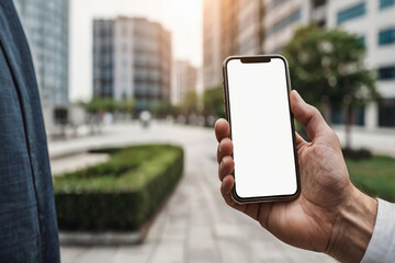 A businessman hand holding a smartphone with white screen mockup, AI Generated