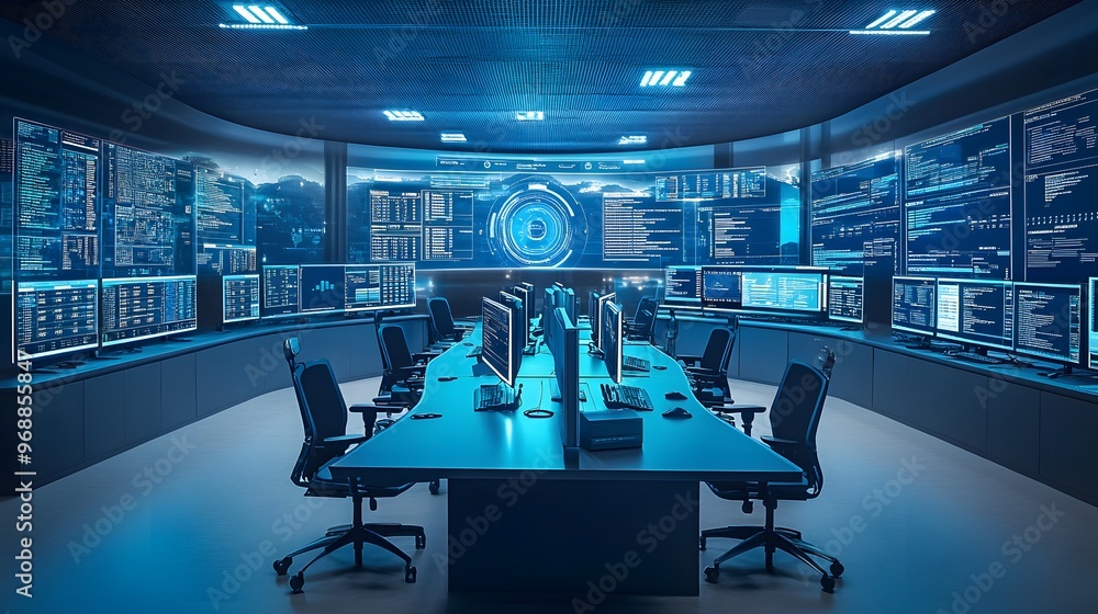 Poster 3. a modern logistics control room with screens displaying real-time shipment data