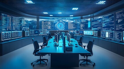 3. A modern logistics control room with screens displaying real-time shipment data