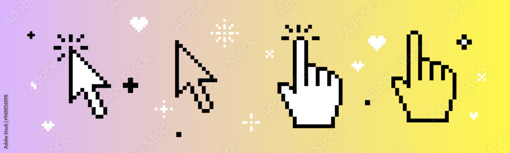 Poster cursor icon set. hand click icon. mouse arrow pointer in pixel art. y2k pixel elements. mood of 90's