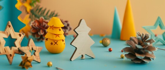 Naklejka premium A colorful arrangement of Christmas decor featuring pine cones, stars, and festive trees, set against a bright blue background creating a cheerful holiday scene.