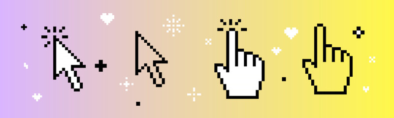 Cursor icon set. Hand click icon. Mouse arrow pointer in pixel art. Y2k pixel elements. Mood of 90's. Cyber aesthetic. 8-bit retro style vector illustration. Vector black and white elements