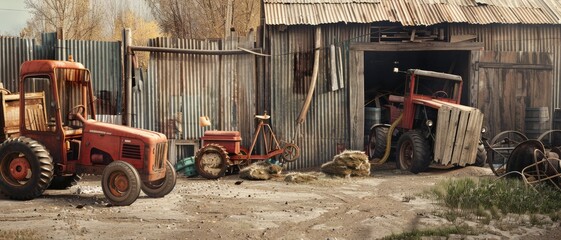 Fototapeta premium Rusty tractors sit unused by a worn-out barn, depicting a scene of rural decay and the passing of time in a countryside setting.