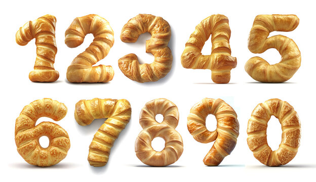 Set of 3D Numbers Croissant style 0-9 isolated on white background . Food style numbers
