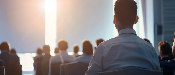 An audience attends a conference, with focus on a silhouetted figure in the foreground and soft light streaming in, highlighting a moment of engagement.
