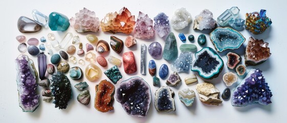Fototapeta premium An assortment of vibrant minerals and gemstones spread out on a white surface, showcasing their varied colors and intricate structures.