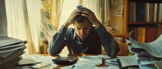 A stressed man is surrounded by a clutter of papers and bills, clutching his head in frustration while seated at a messy desk.