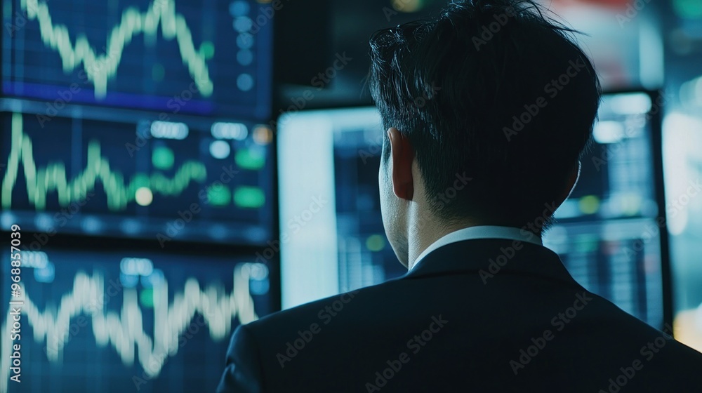 Poster businessman observing financial data on multiple monitors