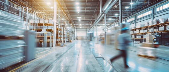 An expansive, brightly lit warehouse with organized aisles and shelves hums with movement, reflecting modern industrial efficiency.