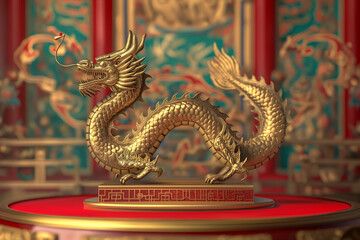 Fototapeta premium A 3D-rendered Chinese dragon, symbolizing the 2024 Lunar New Year, set against a festive red and golden background