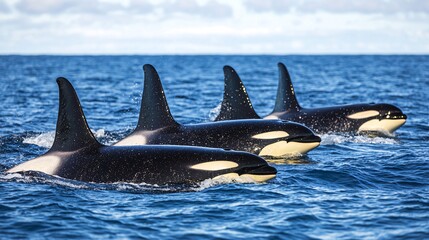 A pod of four orcas, or killer whales, swim in a line across the surface of the ocean.