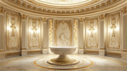 Obraz premium Ornate Italian stucco pattern in gold with intricate design and luxurious details in an elegant room with marble columns and a grand pedestal centerpiece.
