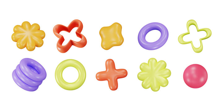 3d plastic playful elements. Joyous shapes. Circles, tube, cross object, abstract volumetric flower icon, ball. Vector creative graphics. Geometric forms. Cartoon illustration.