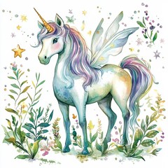 Isolated on white background clip art whimsical watercolor magical forest creatures such as unicorns