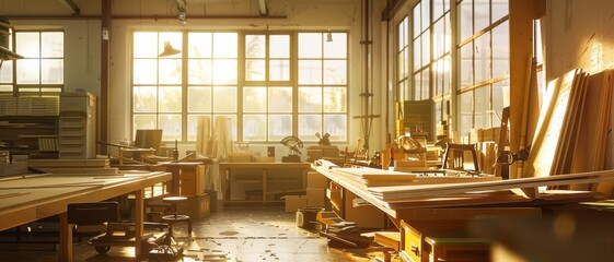 Fototapeta premium Golden sunlight filters through large windows, illuminating a spacious, airy workshop filled with woodworking materials and tools.