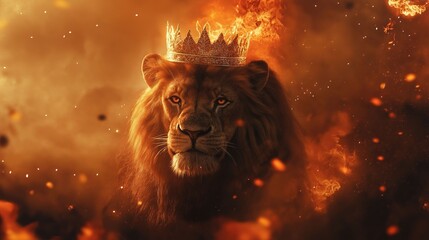 Naklejka premium A powerful lion wearing a flaming crown, surrounded by a fiery glow, symbolizing strength, royalty, and dominance in a dramatic, fantasy setting.