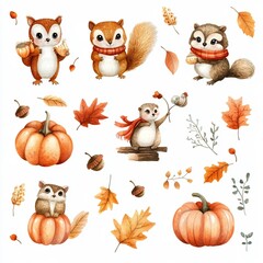 Fototapeta premium Isolated on white background clip art whimsical watercolor autumn leaves, acorns, and pumpkins